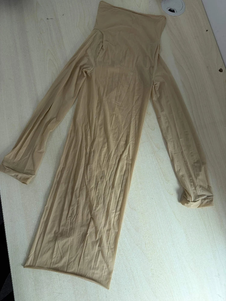 Joskaa Transparent Stretch Seamless Shiny Lingerie Dress Long Sleeve Tight Bodycon Pencil Skirt Nightwear Ntimate Night Dress