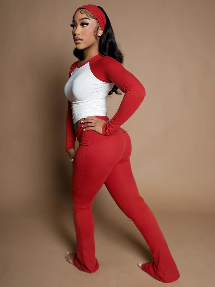 Nibber Christmas Party 2Piece Set Woman Contrast Patchwork o-Neck Full Sleeve Crop Tops+High Waist Long Pant Casual Fashion Suit