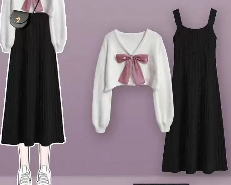 ITGIRLSOCIETY Bow Cardigan & Fishtail Skirt Two-Piece Set
