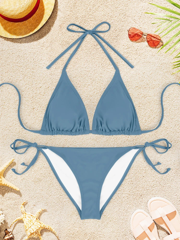 2Pcs Sexy Bikini Swimsuit For Women Solid Color Swimwear Summer Bathing Suits Females Backless Beachwear Halter Swimwear