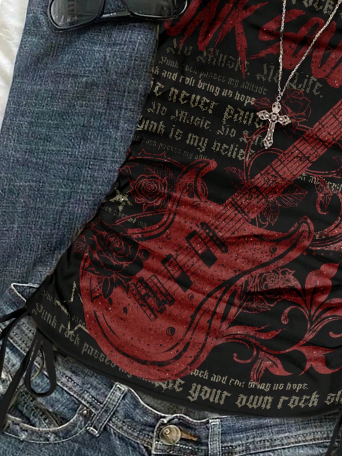 ITGIRLSOCIETY Y2K Guitar Print Drawstring Front Cut Vest