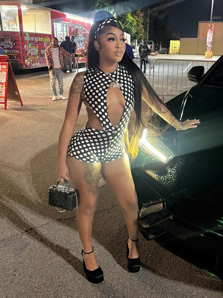 ITGIRLSOCIETY Polka Dot Hollow Bodysuit & Shorts Set