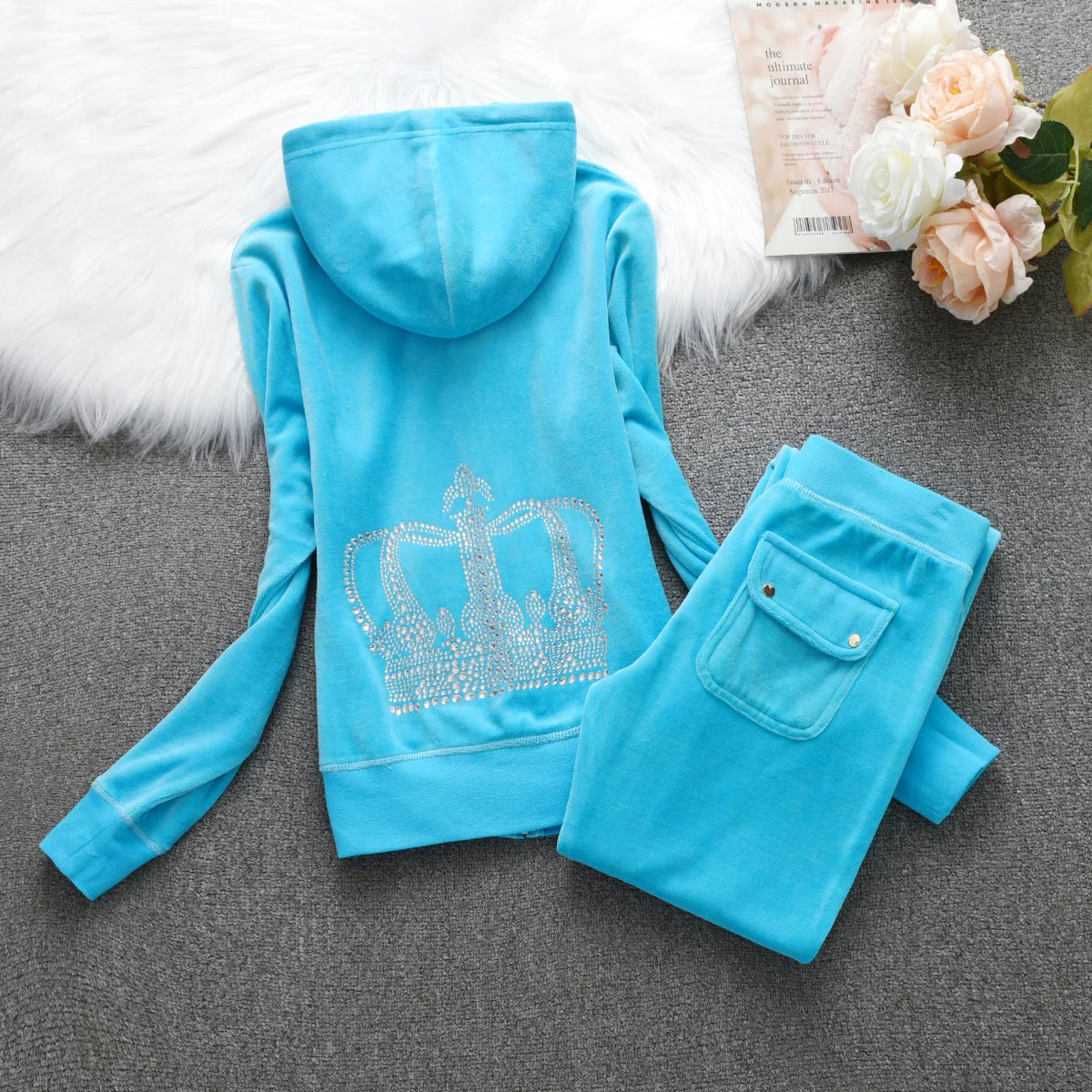 Velvet Tracksuit Hooded Winter Women Hooded Velvet Suit American Streetwear Casual Hooded Sweatshirt 2pc Casual Women's Suit