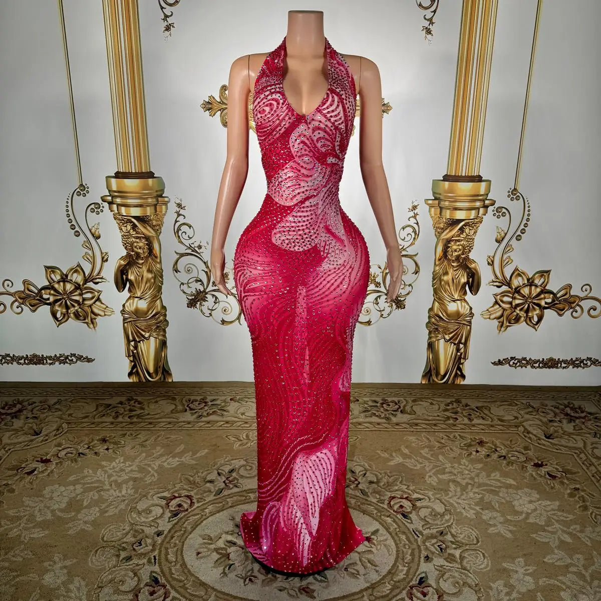 ITGIRLSOCIETY Sheer Mesh Crystal Rhinestone Gown