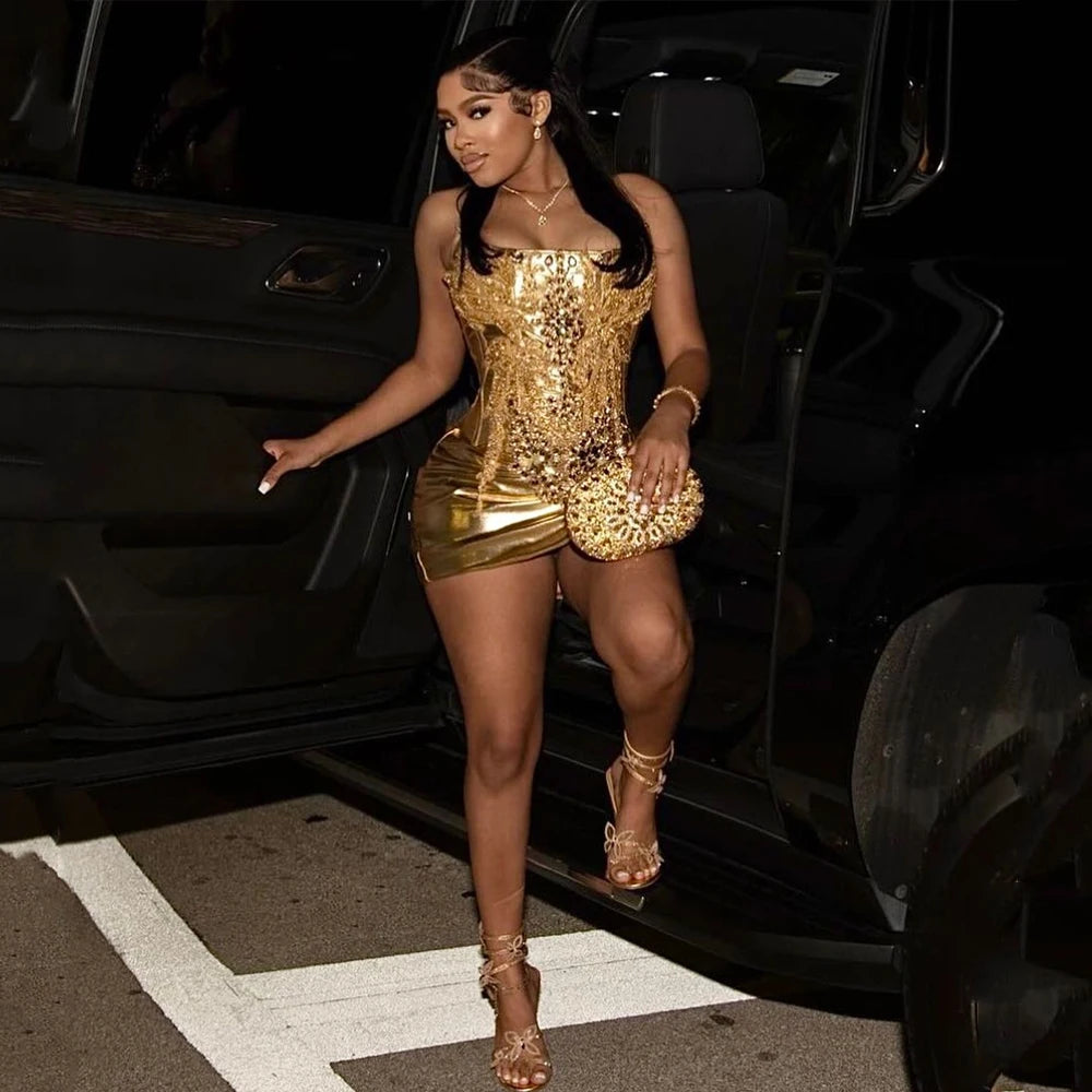 Gold Crystals Short Prom Dress 2026 Glitter Diamonds Beads Mini Cocktail Dress Birthday Party Dress Homecoming Gown Customized