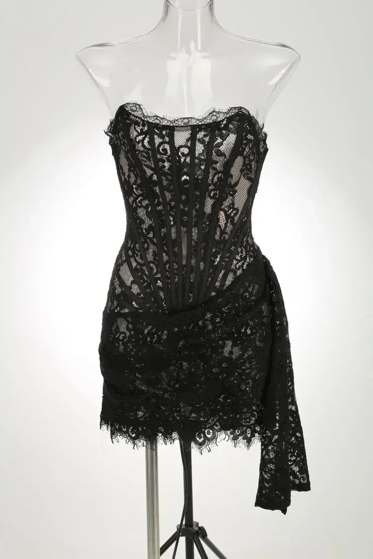 TARUXY Sexy Lace See-through Patchwork Corset Dress Female Bodycon Elegant Party MIrrgualr Mini Dress Women Tube Top Dress New