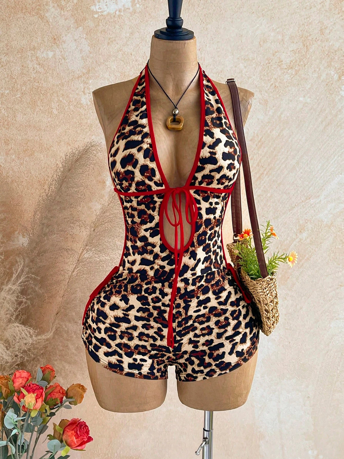 ITGIRLSOCIETY Leopard Print w/ Red Halter Neck Jumpsuit