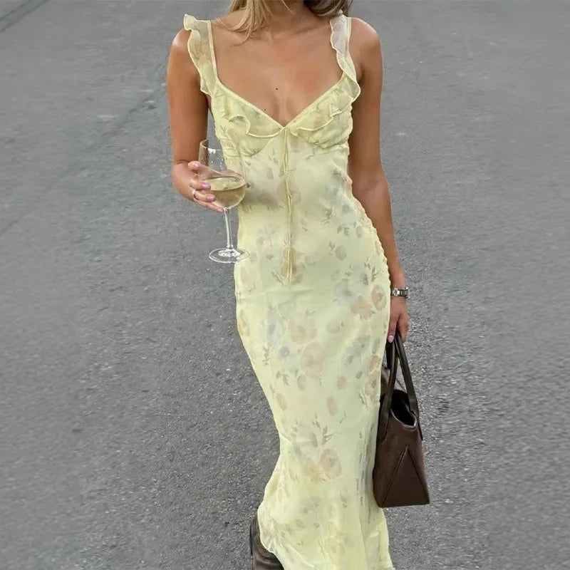 ITGIRLSOCIETY Sunny Floral Print Backless Spaghetti Strap Maxi Dress