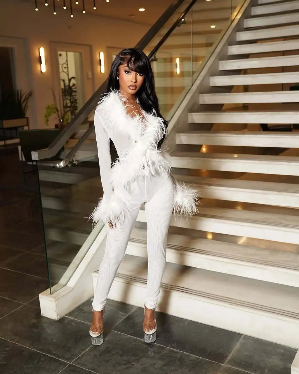 ITGIRLSOCIETY Mesh & Feather Trim Two-Piece Set