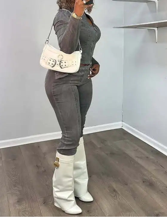 ITGIRLSOCIETY Denim Flare Pants Two-Piece Set