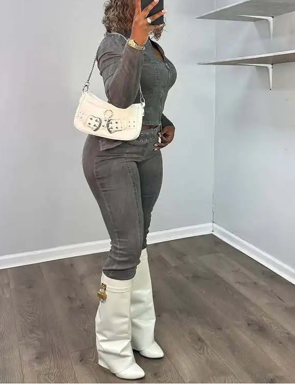 ITGIRLSOCIETY Dark Gray Denim Flare Pants Two-Piece Set