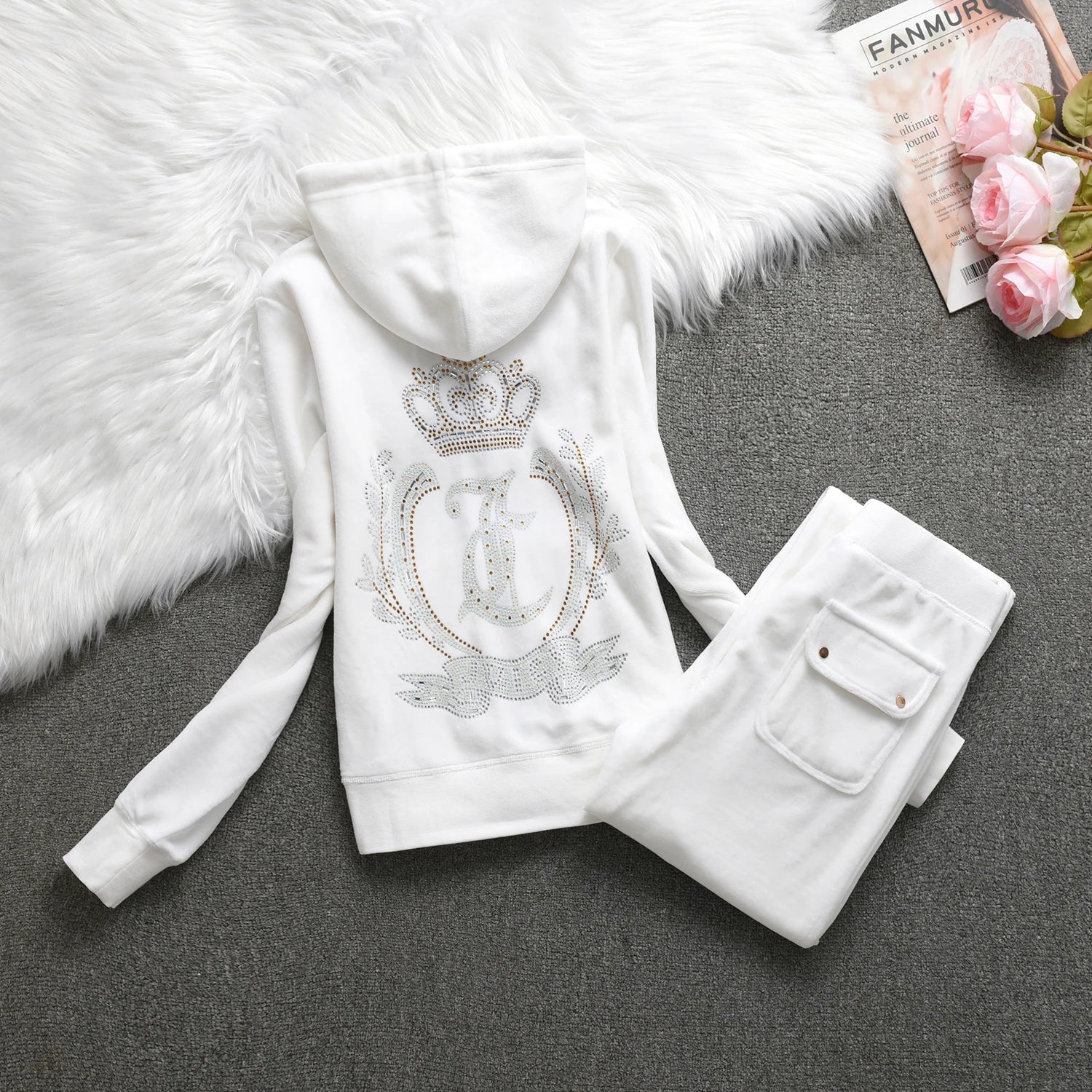 Velvet Tracksuit Hooded Winter Women Hooded Velvet Suit American Streetwear Casual Hooded Sweatshirt 2pc Casual Women's Suit