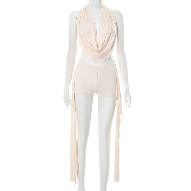ITGIRLSOCIETY Halter Backless Crop Top & Shorts Set