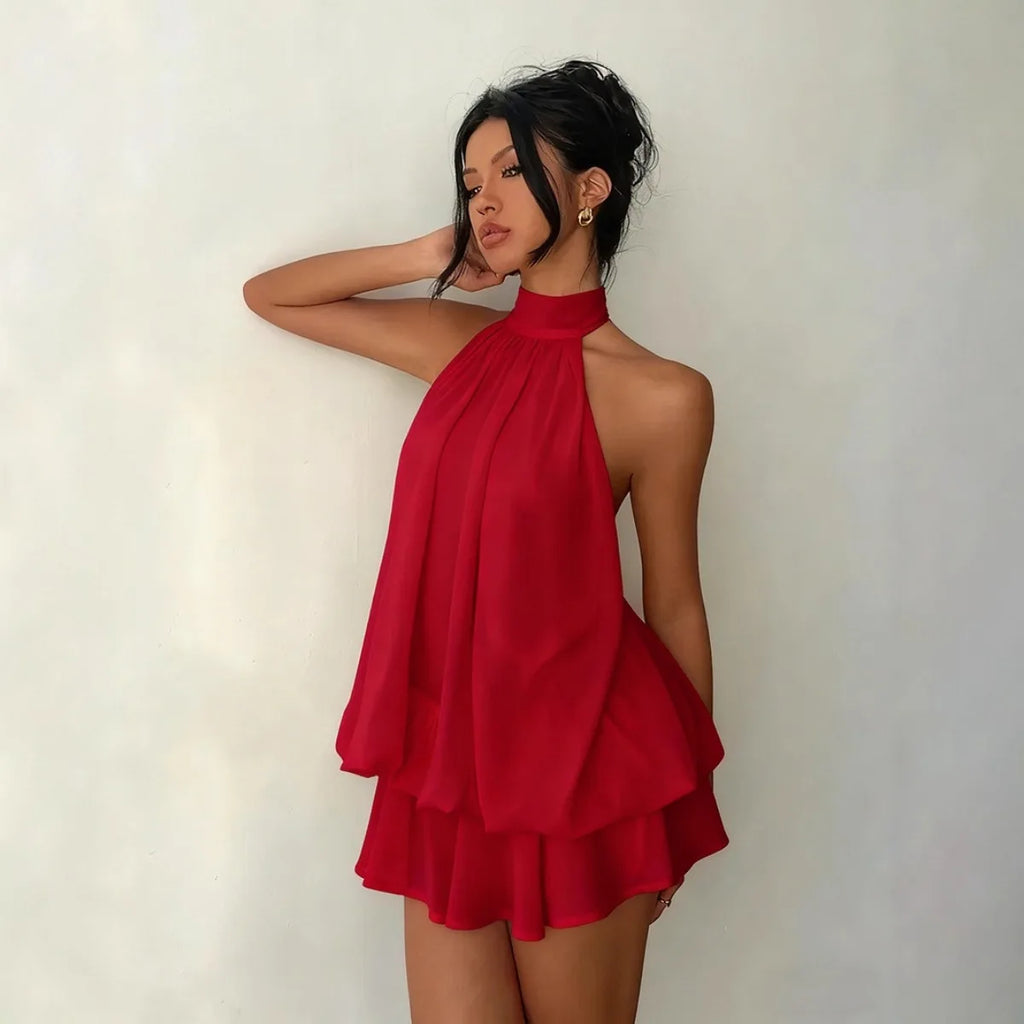 ITGIRLSOCIETY Backless Halter Tie-Front Mini Dress