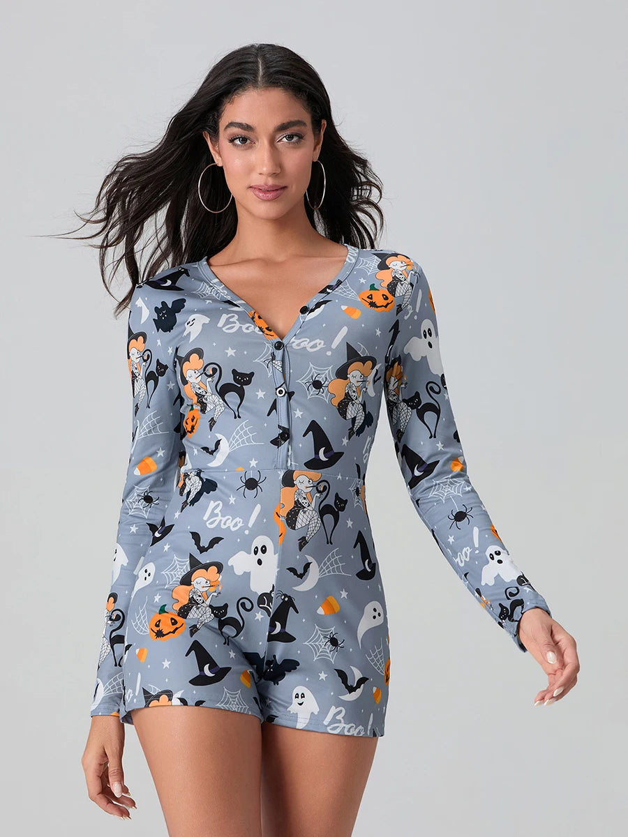 ITGIRLSOCIETY Halloween Ghost Print Bodycon Romper