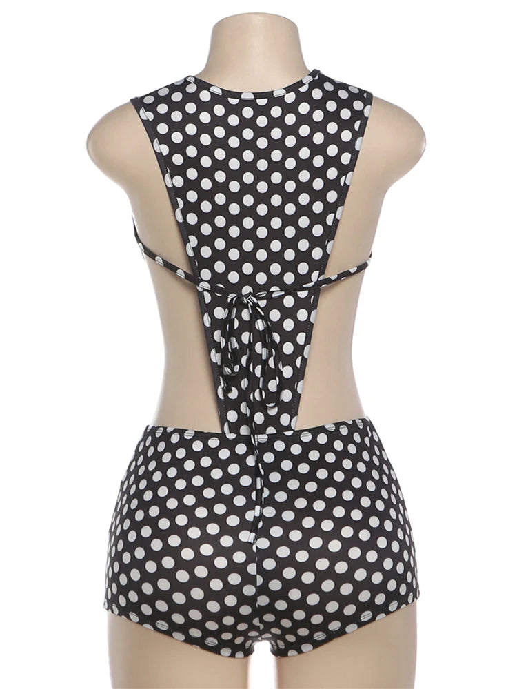 ITGIRLSOCIETY Polka Dot Hollow Bodysuit & Shorts Set