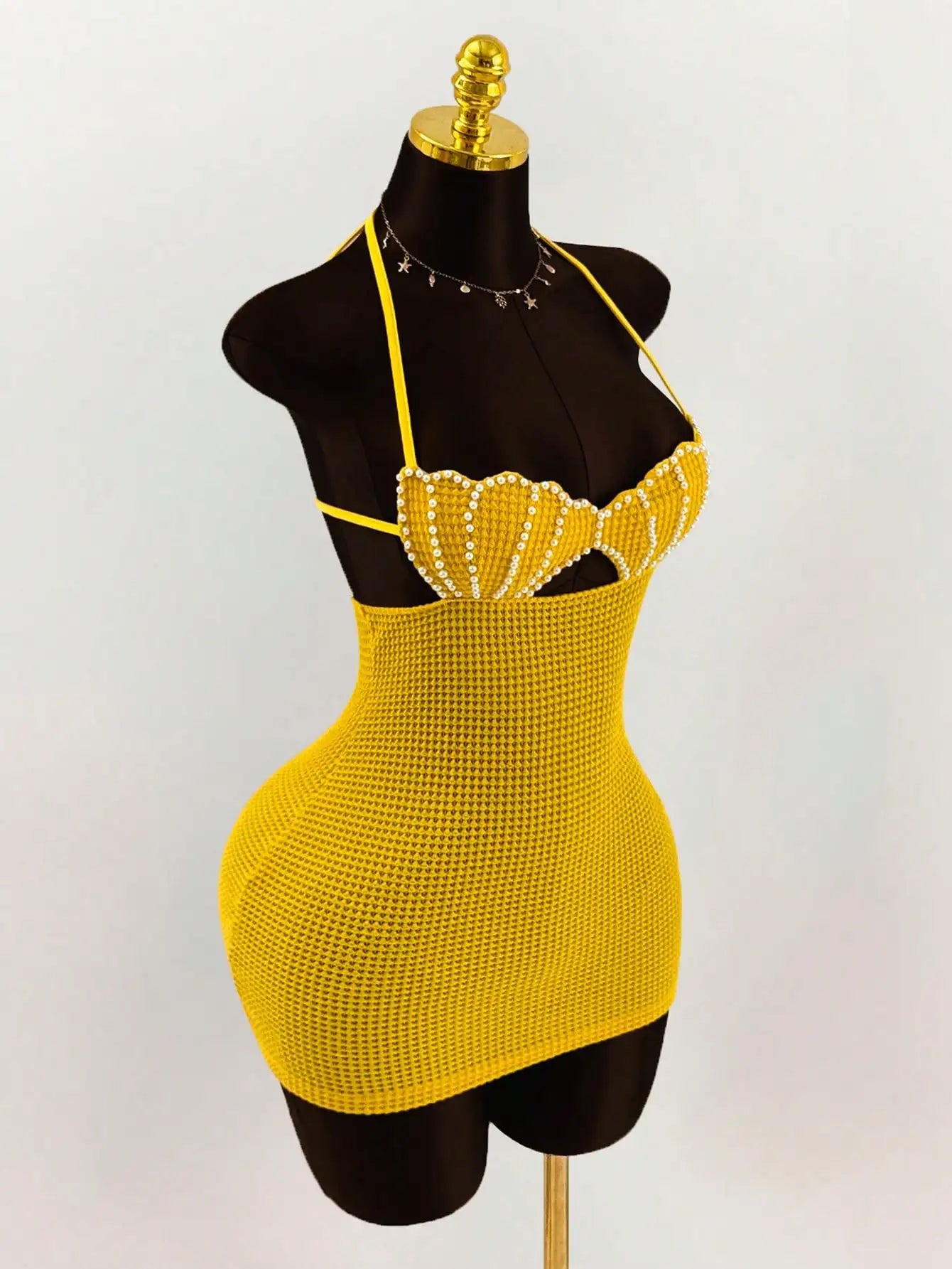 Pearl Shell Halter Backless Mini Bodycon Dress Crochet Bikini Dress