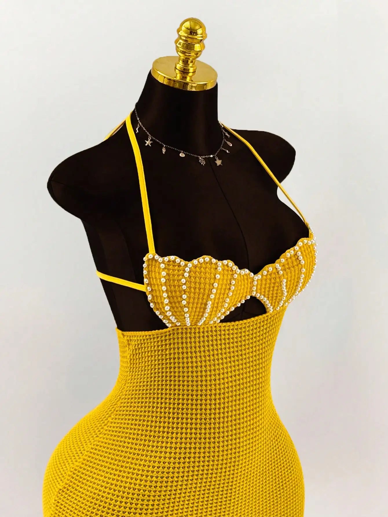 Pearl Shell Halter Backless Mini Bodycon Dress Crochet Bikini Dress