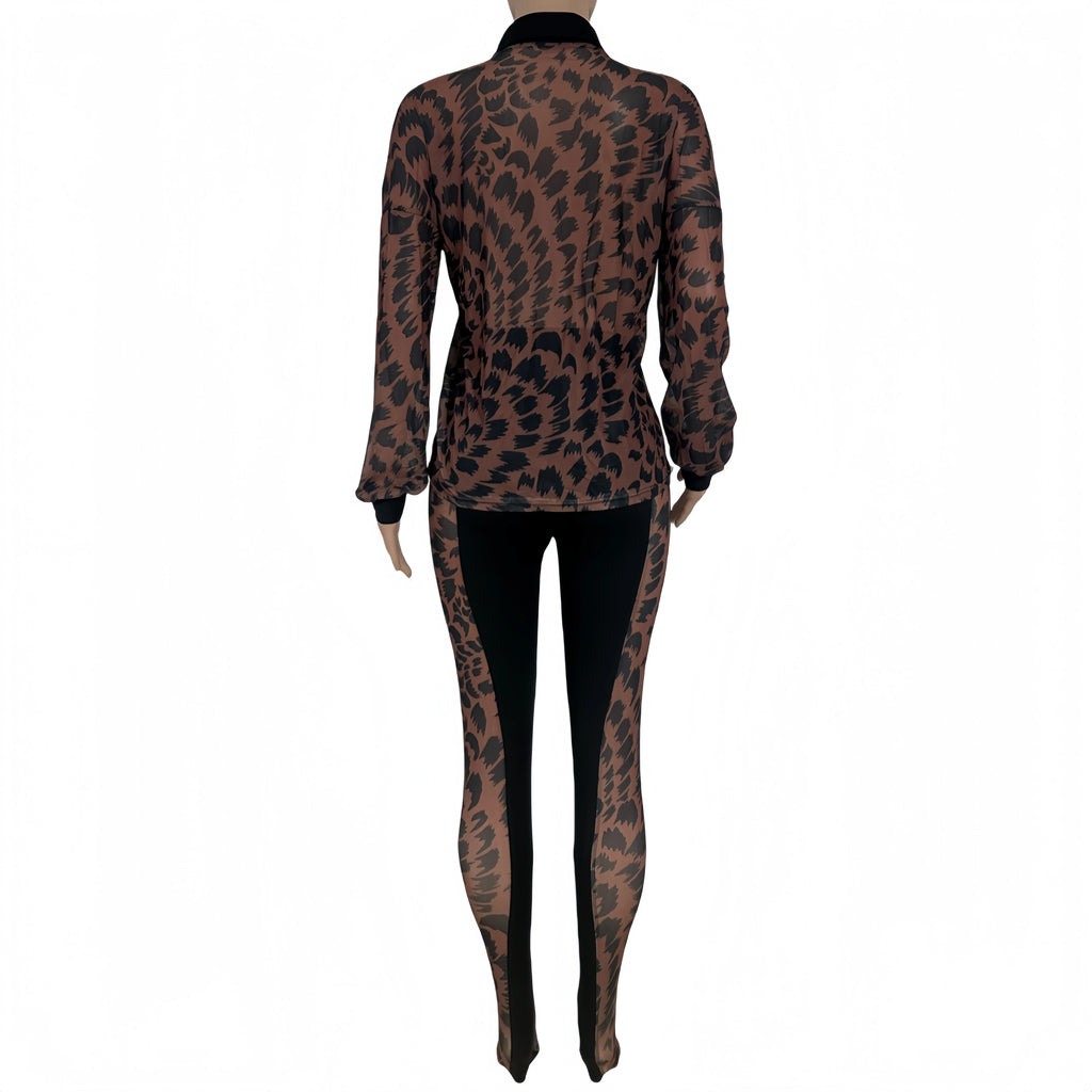 FAGADOER Autumn New Sexy Mesh See Through Woman 2 Piece Set Outfit Long Sleeve Crop Top and Pants Female Streetwear Clothing