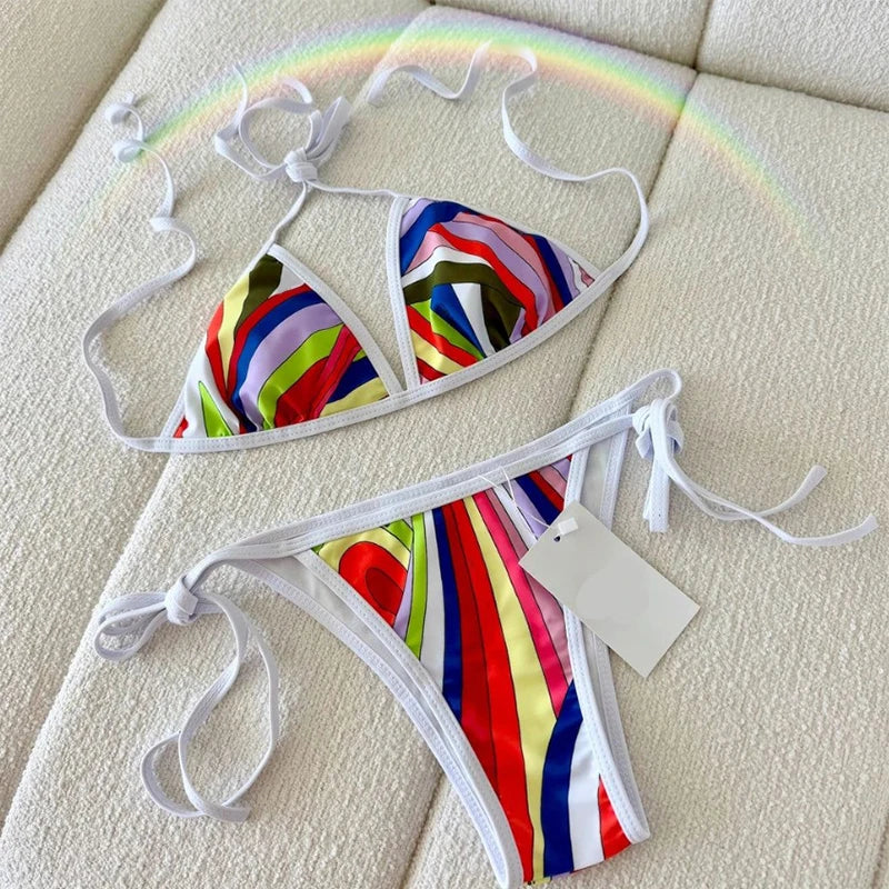 Luxury Design Women's Sexy Small Chest Push-up Kini Set Swimsuit Brand Beach Swimsuit Print Belly-covering Slimming Swimsuit