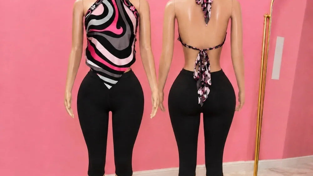 ITGIRLSOCIETY Halter Backless Top & Capri Pants Two Piece Set
