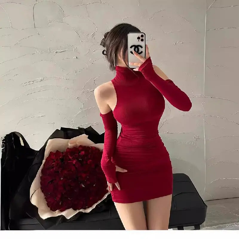 Summer Sexy High Neck Tight Dress Oversleeve Pleated Bottom Wrapped Hip Dress Women Bodycon