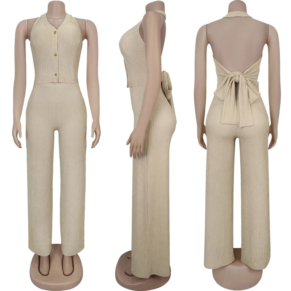 Fashion Ribbed Women's Set Backless Halter Neck Crop Top and Wide Leg Pants Suit 2025 Summer Street Wear Casual 2 Two Piece Sets
