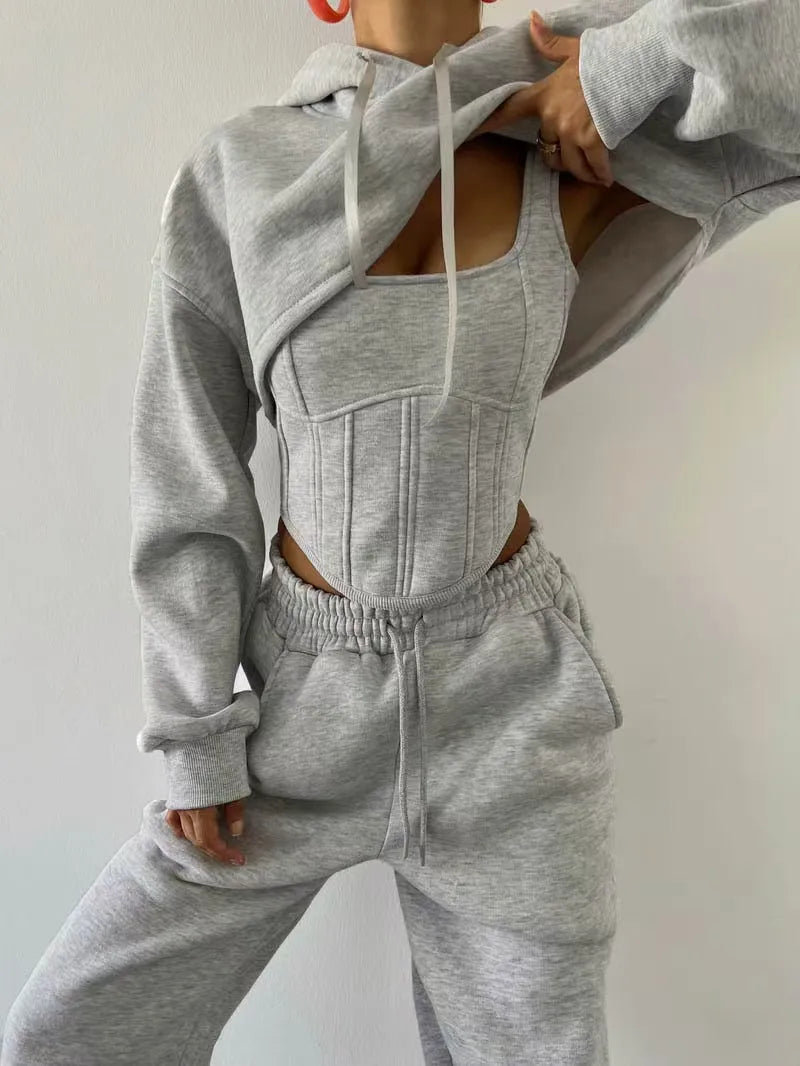 Yaminiya Y2K Sexy Sportswear Women's 3 Piece Set Long Sleeved Hooded Cardigan+slim Fit Strapless Vest+straight Leg Wide Pants