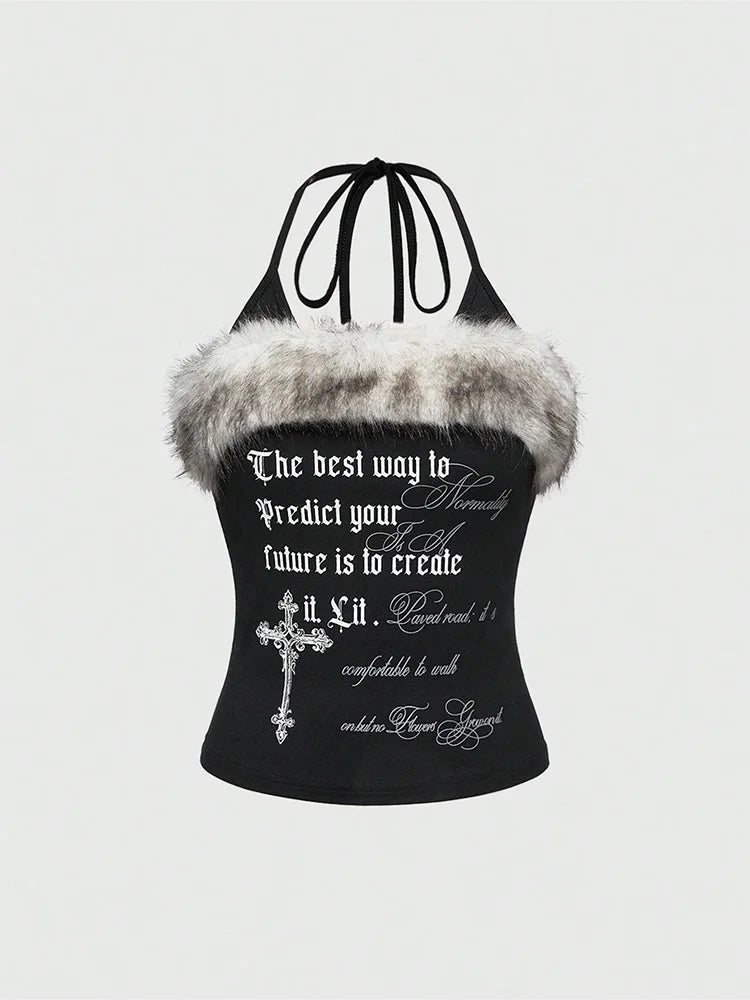 ITGIRLSOCIETY Y2K Goth Faux Fur Trim Cross Letter Print Cropped Halter Cami