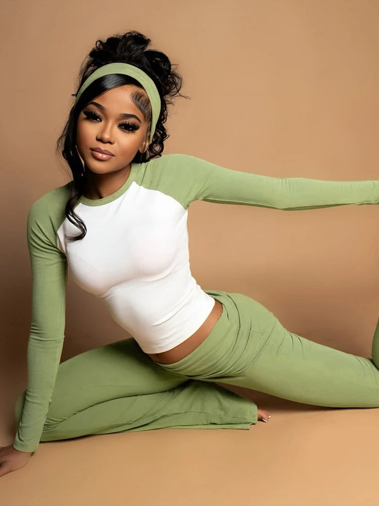 Nibber Christmas Party 2Piece Set Woman Contrast Patchwork o-Neck Full Sleeve Crop Tops+High Waist Long Pant Casual Fashion Suit