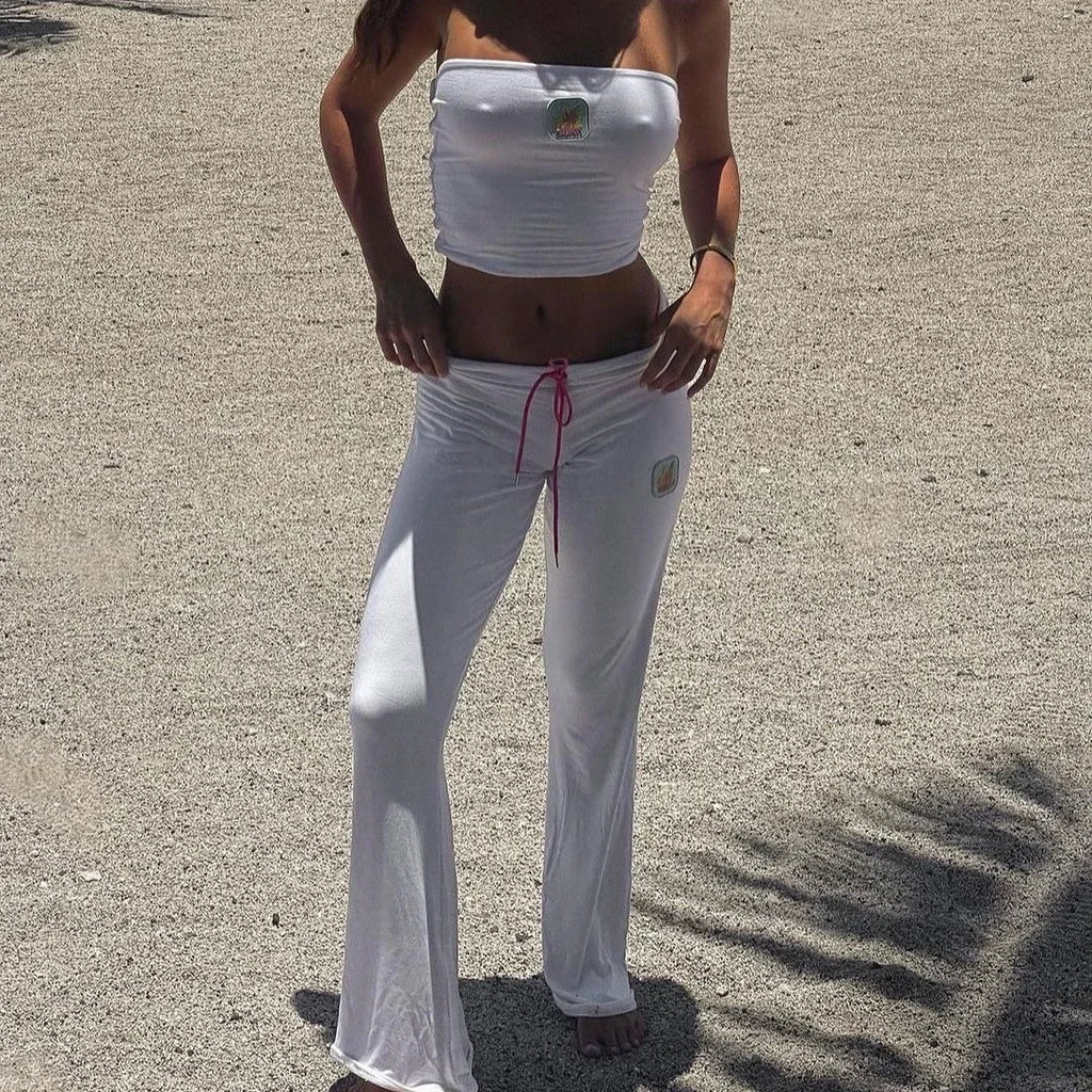 FAGADOER Y2k Fashion 2 Piece Sets Woman Outfit Embroidery Crop Top + Drawstring Flared Pants Suit Female Streetwear Clothing New