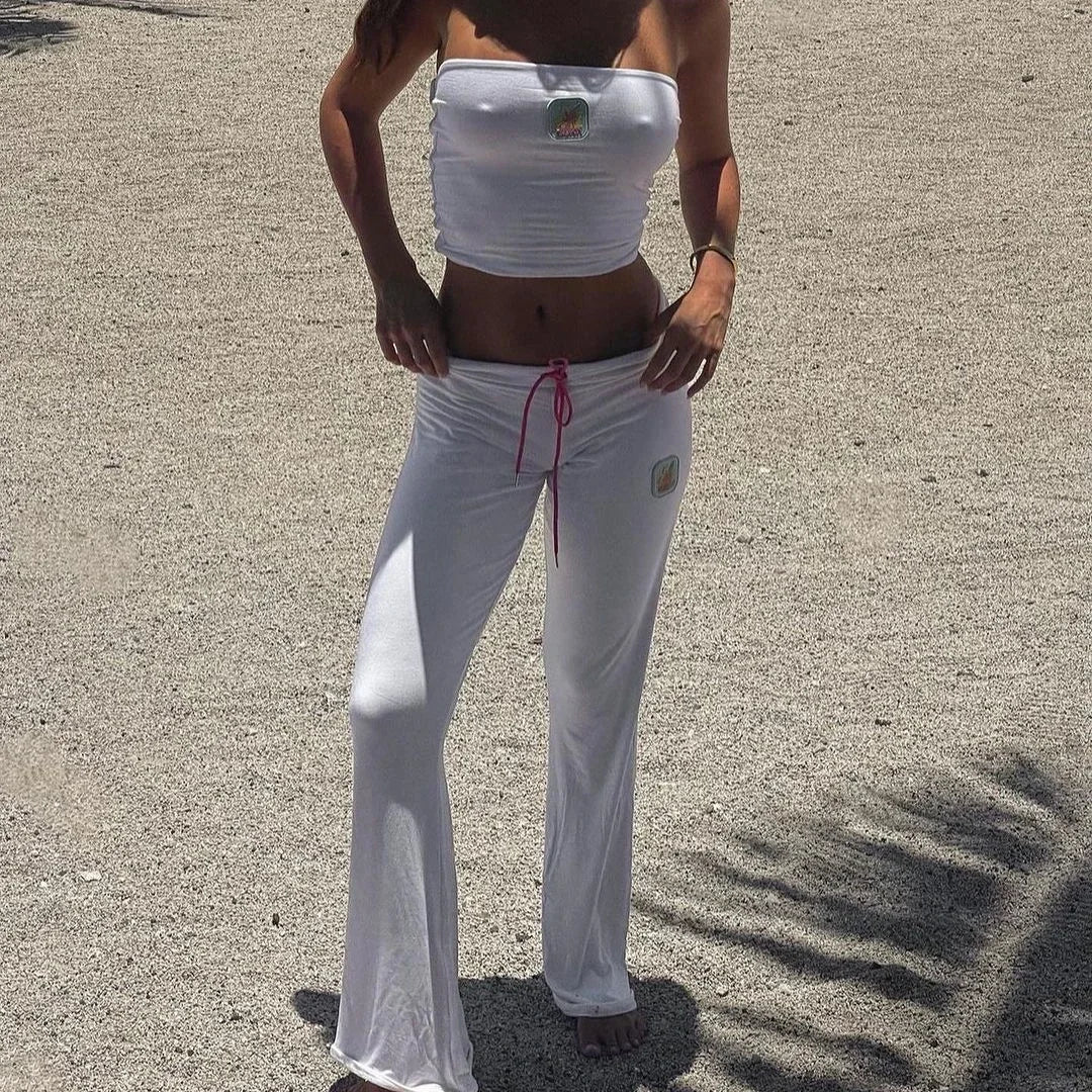 FAGADOER Y2k Fashion 2 Piece Sets Woman Outfit Embroidery Crop Top + Drawstring Flared Pants Suit Female Streetwear Clothing New