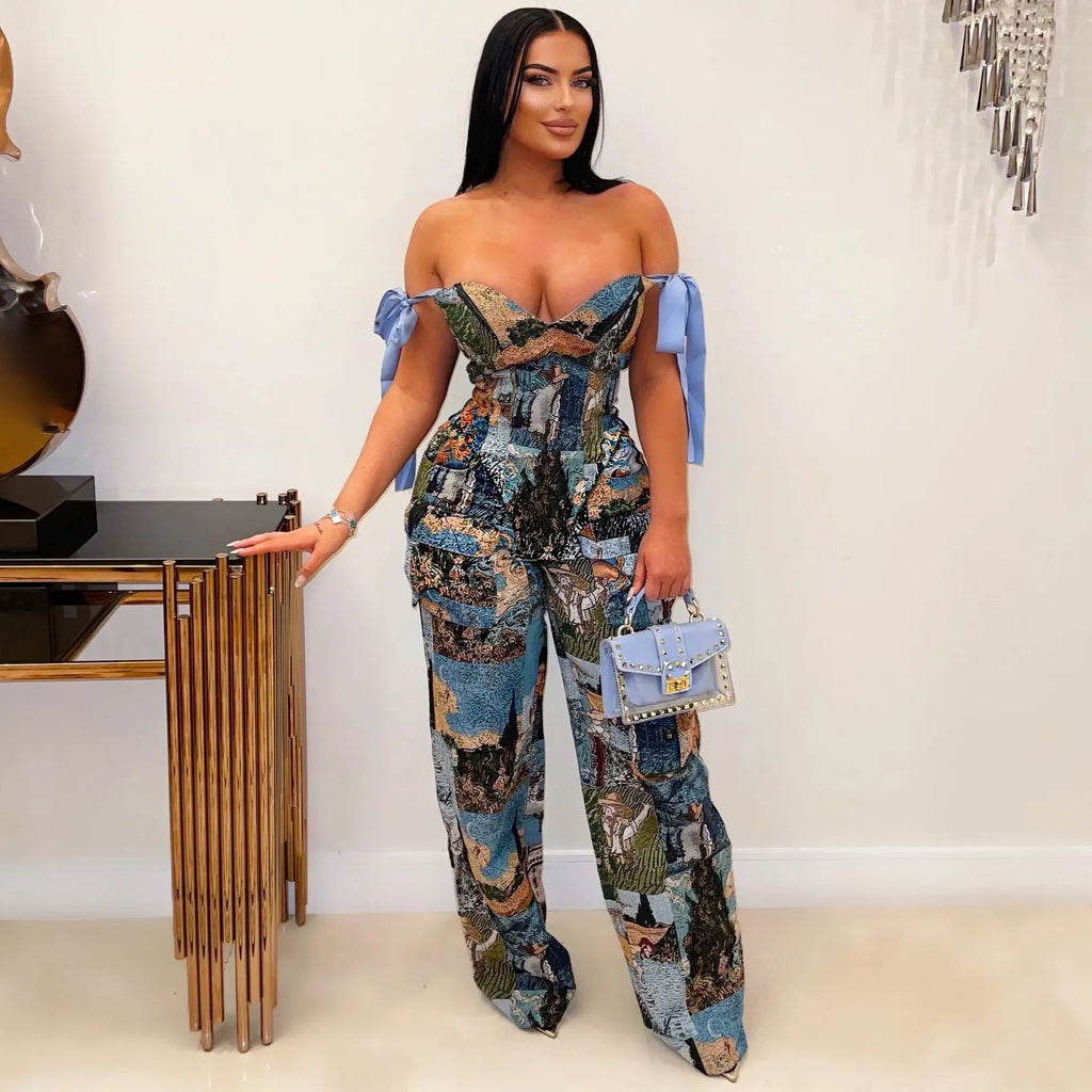 2 Piece Sets Women Print Top Straight Pants Suit Multiple Pockets Strapless Floor Length Trousers Ensemble 2025 Sexy Outfits