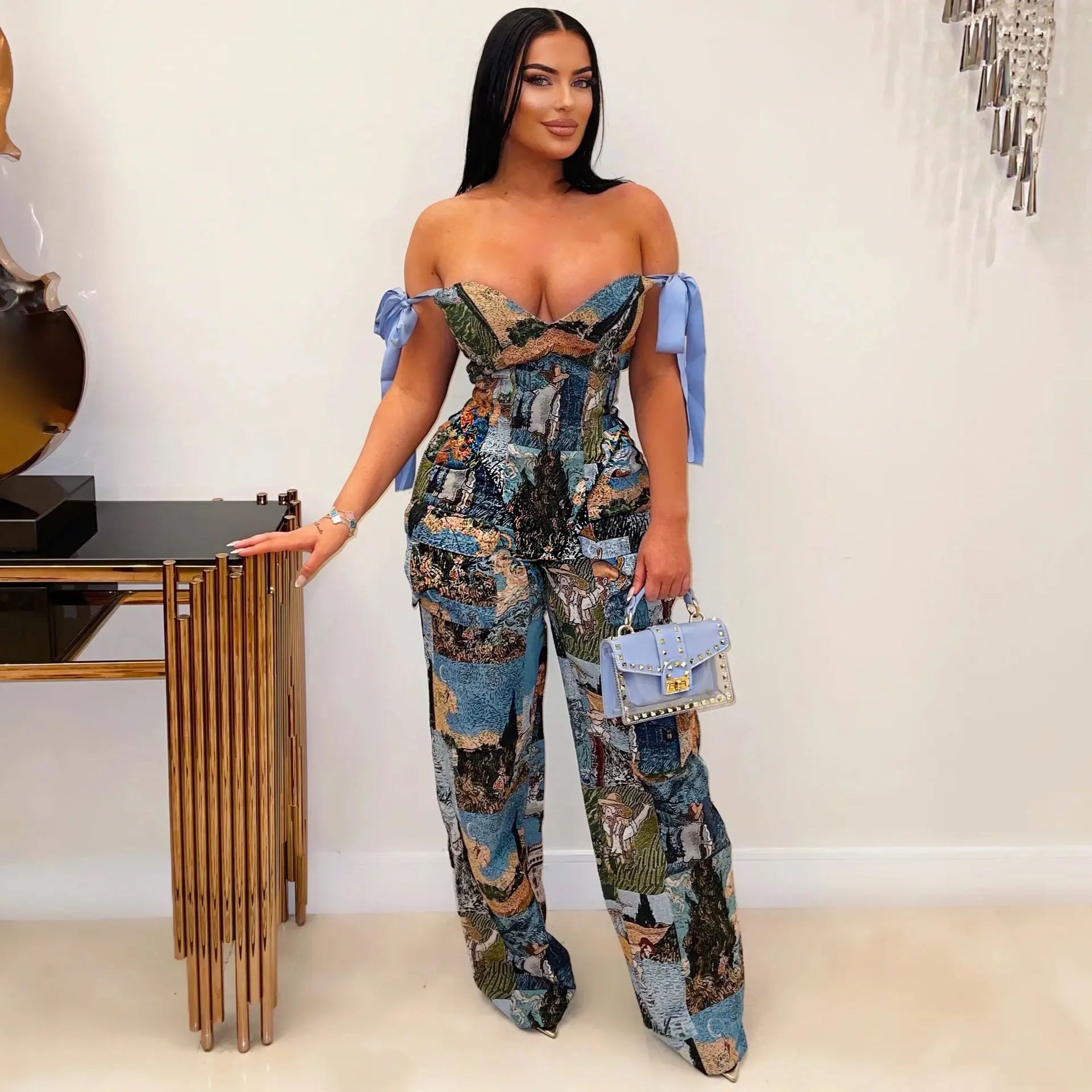2 Piece Sets Women Print Top Straight Pants Suit Multiple Pockets Strapless Floor Length Trousers Ensemble 2025 Sexy Outfits