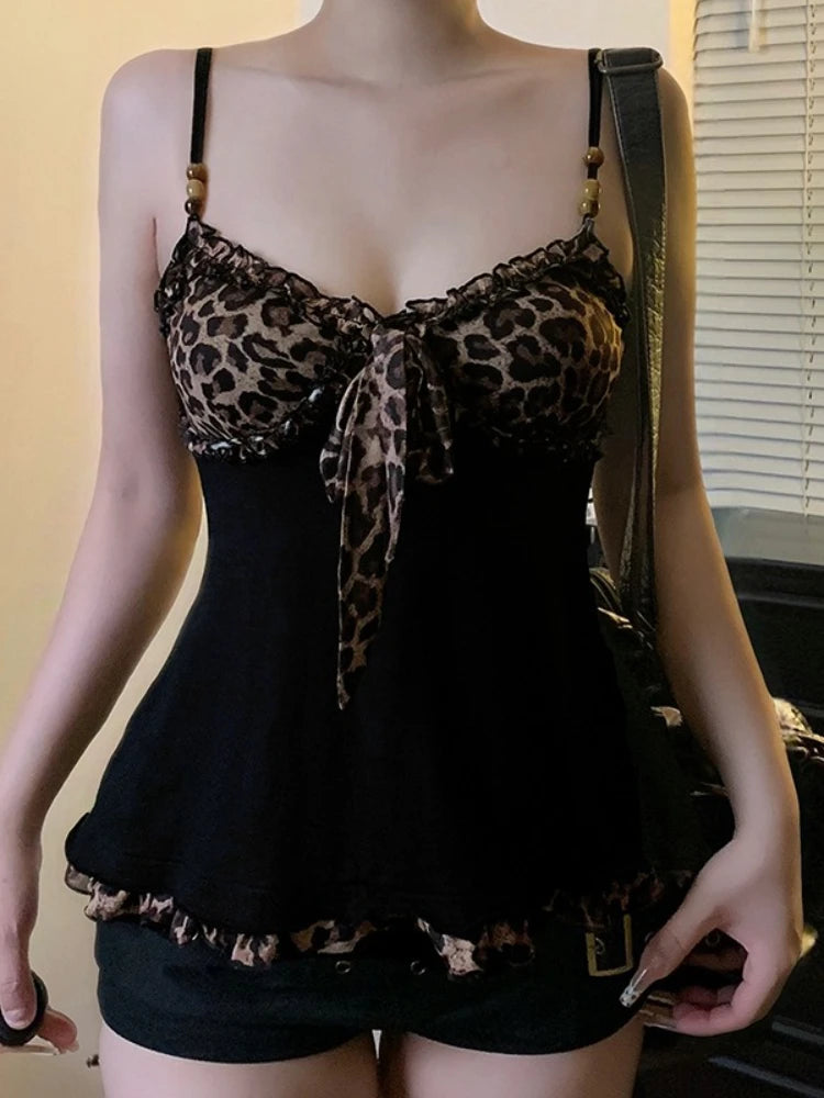 ITGIRLSOCIETY Leopard Lace-Up Patchwork Crop Tank Top