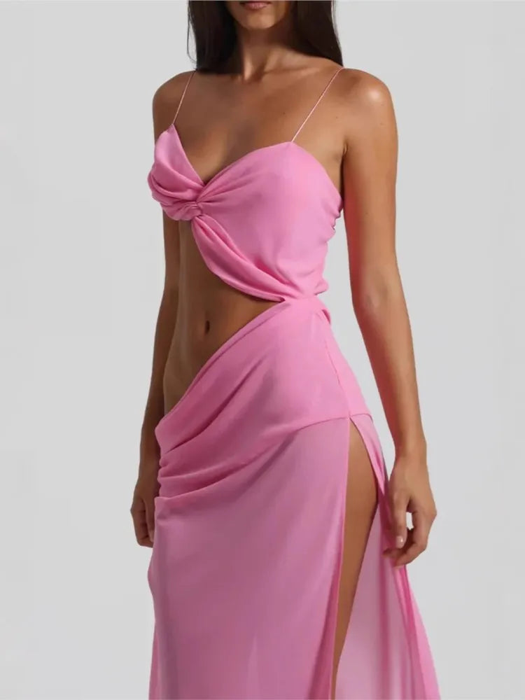 Solid Color Sexy Spaghetti Strap Slim Slit Long Dress Women Hollow Out Backless See Through Sleeveless Beach Party Dress Summer