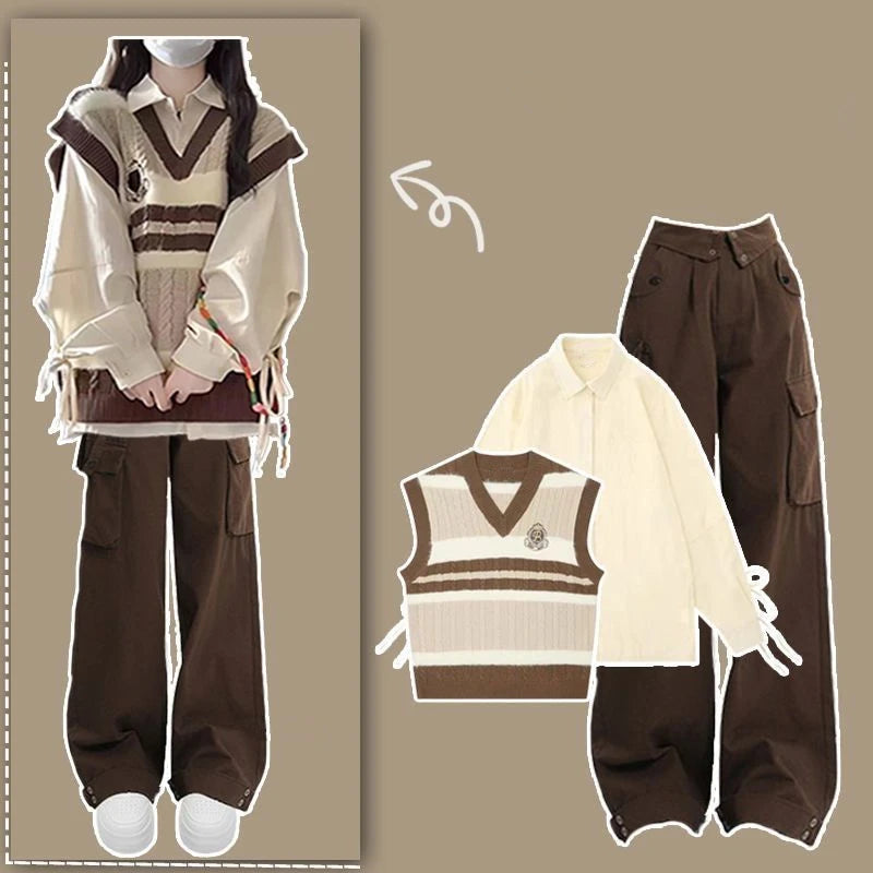 ITGIRLSOCIETY Preppy Knit Vest, Bandage Shirt & Wide-Leg Pants Three Piece Set