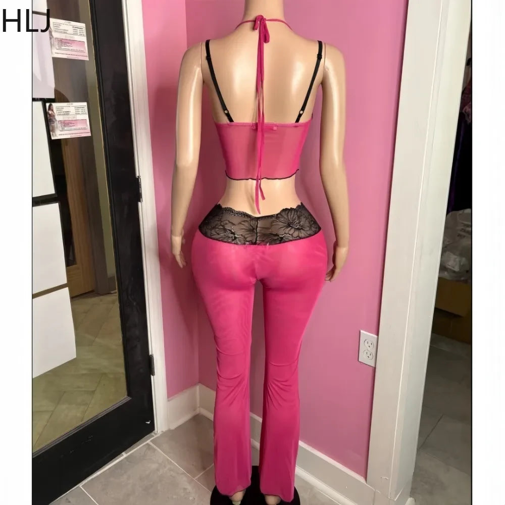 HLJ Sexy Lace Patchwork Woman 2 Piece Set Outfit Spaghetti Strap Crop Top and Flare Pants Suits Female Streetwear Clothing New